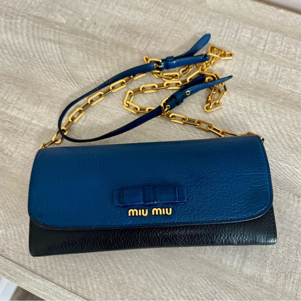 Miu Miu Blue and Black Leather Clutch with Gold Chain